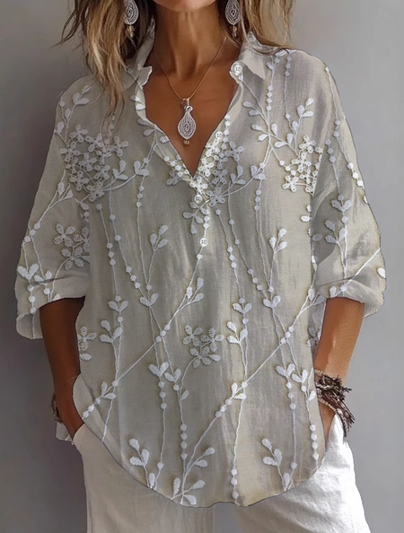 

Women Floral Long Sleeve Shirt Spring/Fall Printing Shirt Collar Daily Casual Top, Light khaki, Shirts