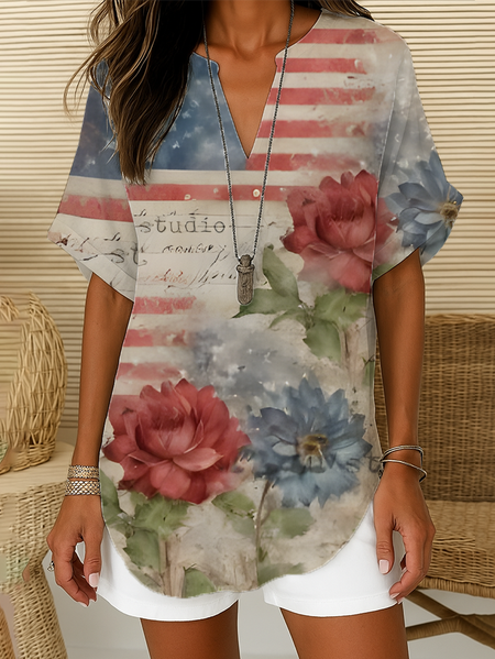 

Women Floral Short Sleeve Shirt Summer Printing V Neck Daily Casual Top, As picture, Shirts