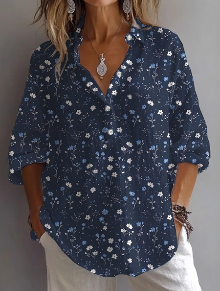 

Women Floral Long Sleeve Shirt Spring/Fall Printing Shirt Collar Daily Casual Top, Purplish blue, Shirts