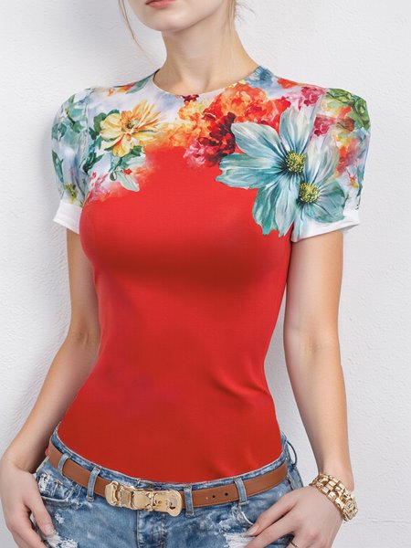 

Casual Floral Printing Crew Neck T-shirt, Red, Tees