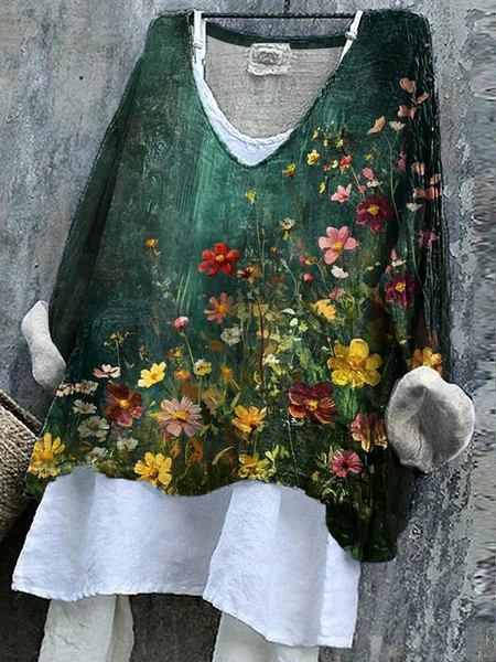 

V Neck Long Sleeve Floral Regular Micro-Elasticity Regular Fit Shirt For Women, Green, Shirts