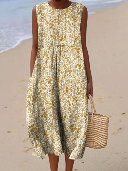 

Women Floral Summer Dress Crew Neck Sleeveless A-Line Dress, Beige, Dresses