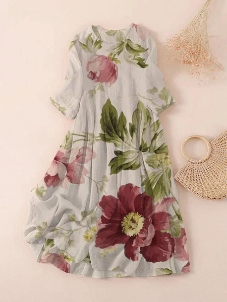 

Women Floral Three Quarter Sleeve Spring/Fall Printing Dress Crew Neck Daily Casual Maxi Classic H-Line Dress, Apricot, Casual Dresses