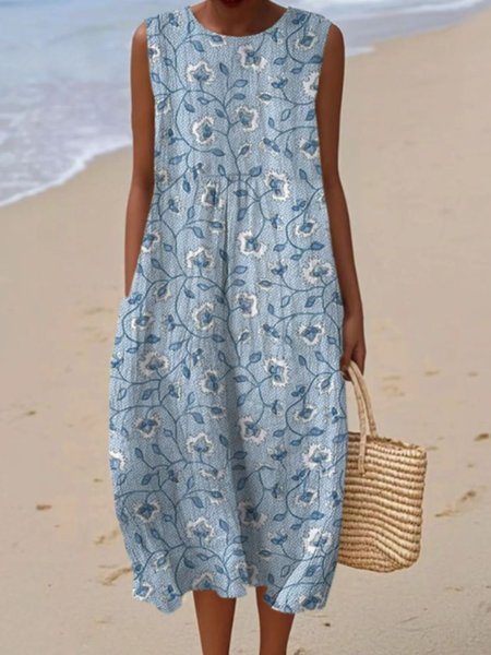 

Women Floral Summer Dress Crew Neck Sleeveless A-Line Dress, Blue, Dresses