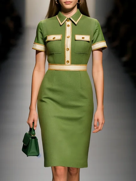 

Elegant Color Block Buttoned Shawl Collar Knee Length Dress, Green, Midi Dresses