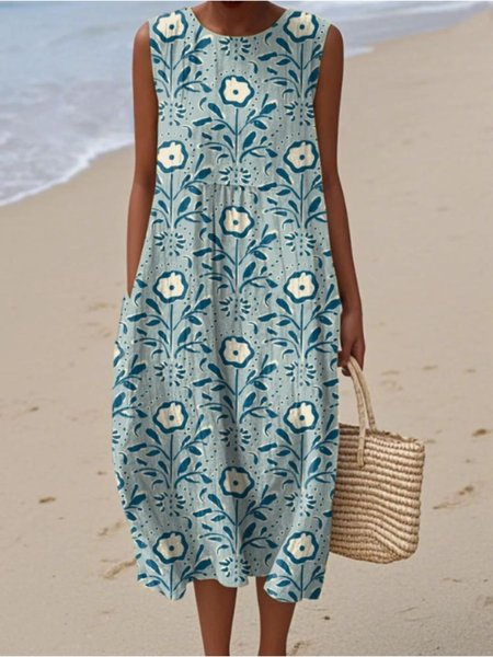 

Women Floral Summer Dress Crew Neck Sleeveless A-Line Dress, Mint, Dresses