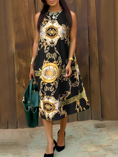 

Casual Random Print Printing Crew Neck Midi Dress, Black, Midi Dresses
