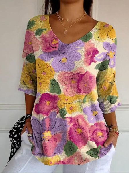 

Vintage Floral Crew Neck Long Sleeve T-shirt, Off white, T-shirts