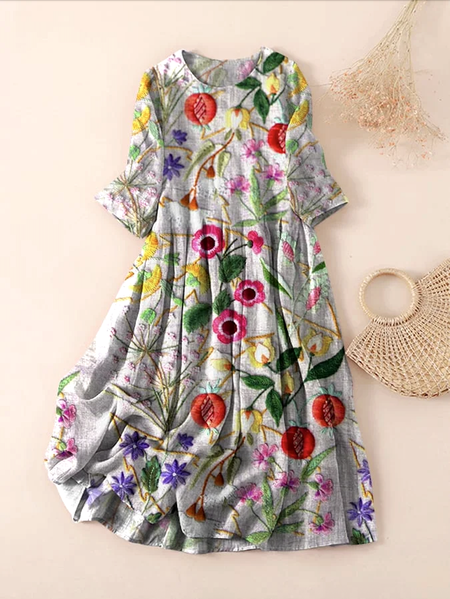 

Women Floral Spring/Fall Dress Crew Neck Three Quarter Sleeve A-Line Dress, Light gray, Maxi