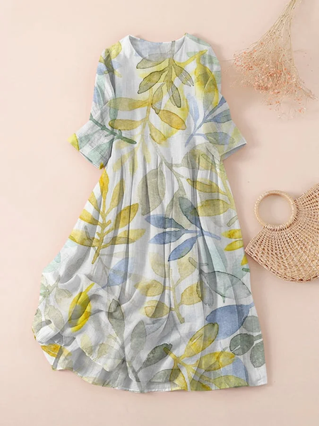 

Women Floral Three Quarter Sleeve Spring/Fall Printing Dress Crew Neck Daily Casual Maxi Classic H-Line Dress, As picture, Casual Dresses