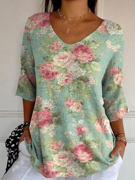 

Vintage Floral Crew Neck Long Sleeve T-shirt, Green, T-shirts
