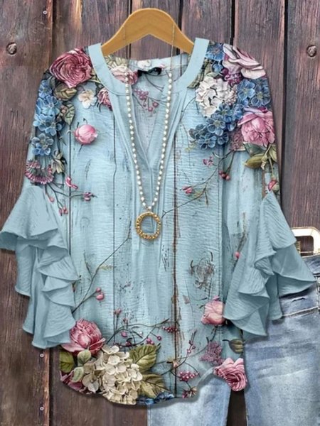 

V Neck Half Sleeve Floral Regular Micro-Elasticity Regular Fit Blouse For Women, Blue, Blouses