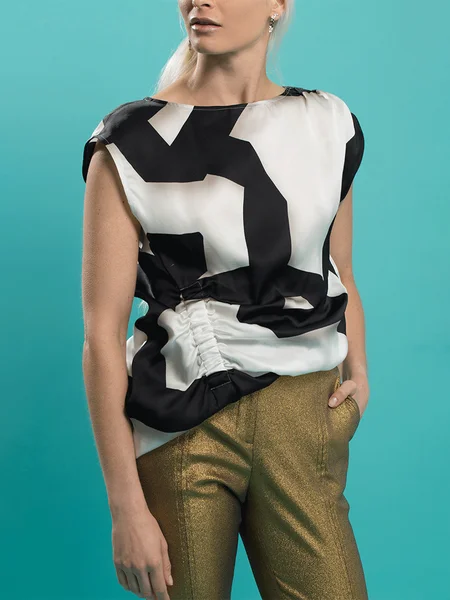 

Urban Geometric Printing Crew Neck Blouse, As picture, Blouses and Shirts
