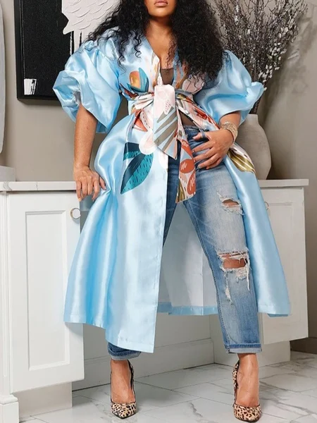 

Urban Printing Floral V Neck Kimono With Belt, Blue, Kimonos