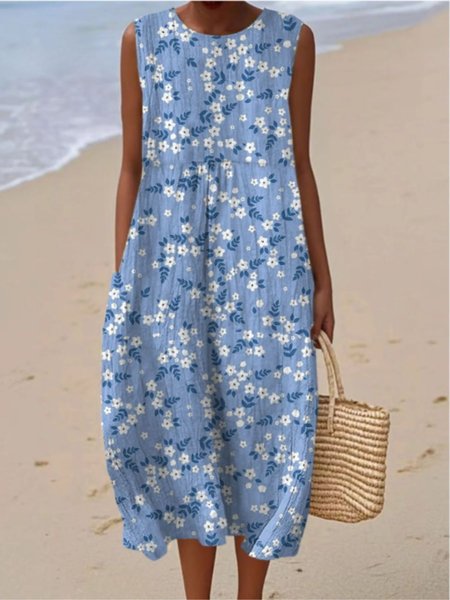 

Women Floral Summer Dress Crew Neck Sleeveless A-Line Dress, Blue, Dresses