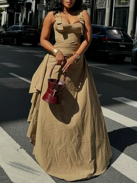 

Casual Plain Spaghetti Maxi Dress, Khaki, Maxi Dresses
