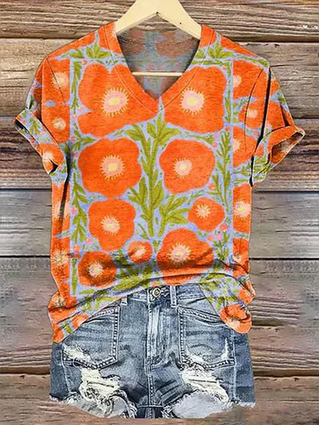 

Casual Floral V Neck Short Sleeve T-shirt, As picture, T-shirts