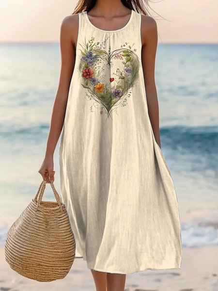 

Women Plants Summer Dress Crew Neck Sleeveless A-Line Dress, Beige, Dresses