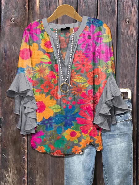

Women Floral Half Sleeve Shirt Summer Printing V Neck Daily Casual Top, Gray, Shirts