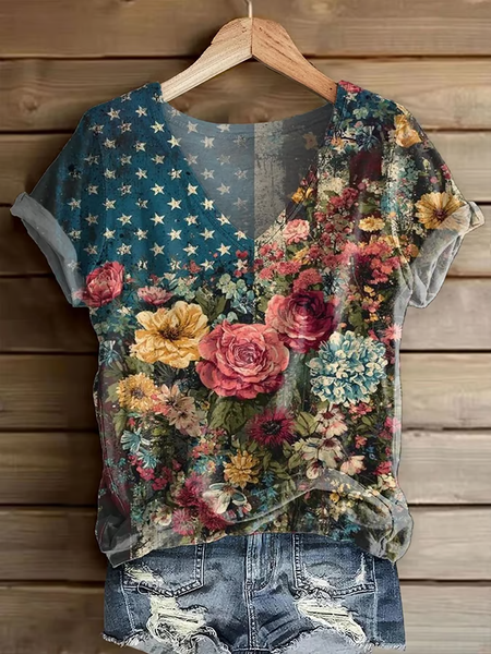 

Women Floral Short Sleeve Tee T-shirt V Neck Printing Casual Summer Graphic Tee Top, As picture, T-Shirts