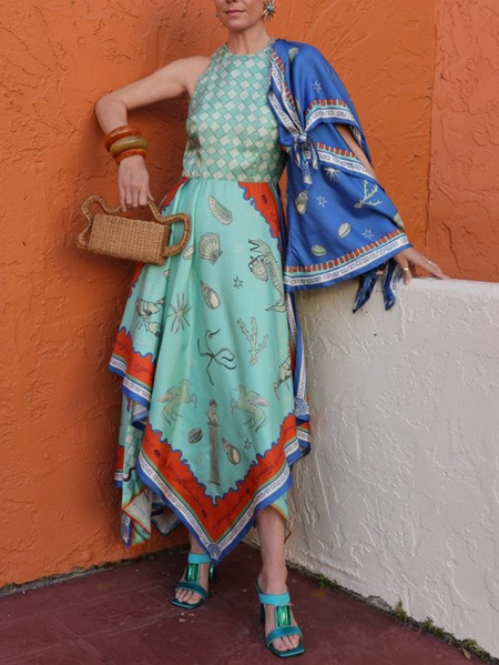 

Vacation Floral Printing Maxi Dress With Scarf, As picture, Maxi Dresses