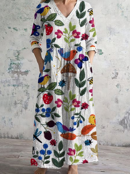 

Women Floral Spring/Fall Dress Crew Neck Long Sleeve A-Line Dress, White, Maxi