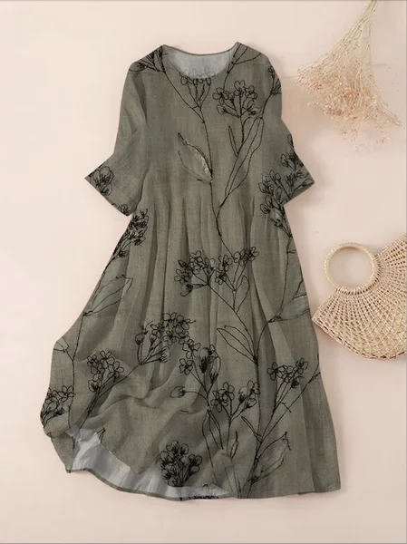 

Women Floral Spring/Fall Dress Crew Neck Three Quarter Sleeve A-Line Dress, Green, Maxi