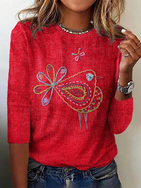 

Casual Floral Crew Neck Long Sleeve T-shirt, Red, T-shirts