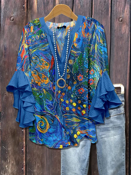 

Women Floral Half Sleeve Shirt Summer Printing V Neck Daily Casual Top, Blue, Shirts