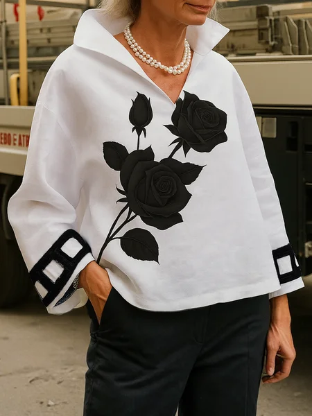 

Casual Floral Printing Shawl Collar Blouse, White, Blouses and Shirts