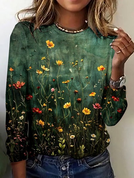 

Vintage Plaid Crew Neck Long Sleeve T-shirt, Green, T-shirts
