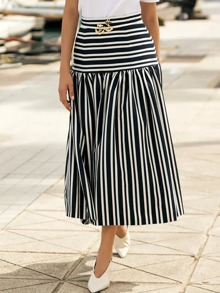 

Vacation Gathered Striped Midi Skirt, Blue, Skirts