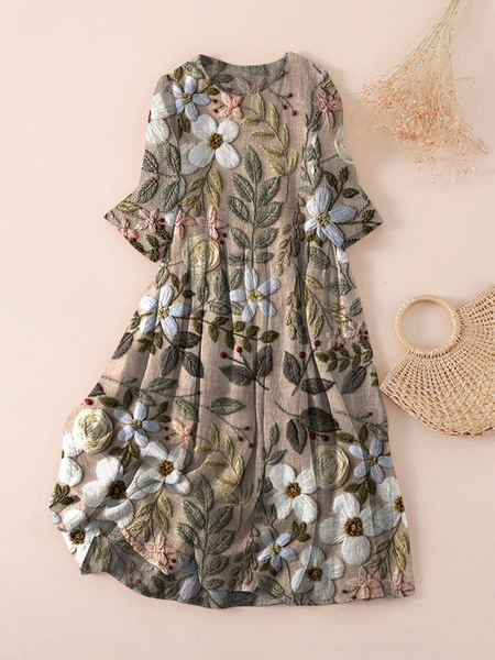 

Women Floral Three Quarter Sleeve Spring/Fall Printing Dress Crew Neck Daily Casual Maxi Classic H-Line Dress, Brown, Casual Dresses