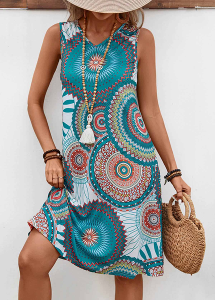 

Women Geometric Summer Dress V Neck Sleeveless A-Line Dress, As picture, Dresses