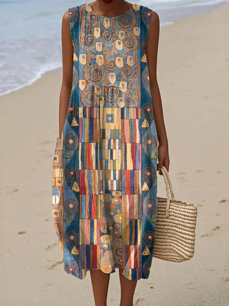 

Women Geometric Summer Dress Crew Neck Sleeveless A-Line Dress, As picture, Dresses
