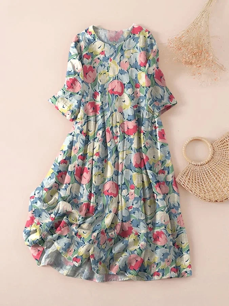 

Women Floral Three Quarter Sleeve Spring/Fall Printing Dress Crew Neck Daily Casual Maxi Classic H-Line Dress, Blue, Casual Dresses