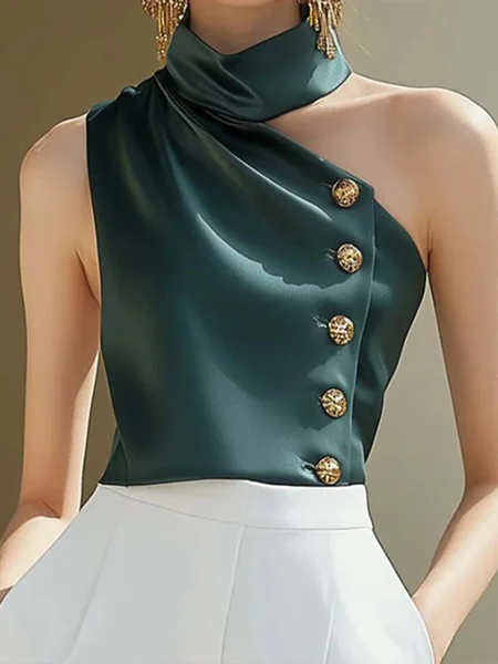 

Urban Plain Buttoned Stand Collar Tank Top, Green, Tanks and Camis