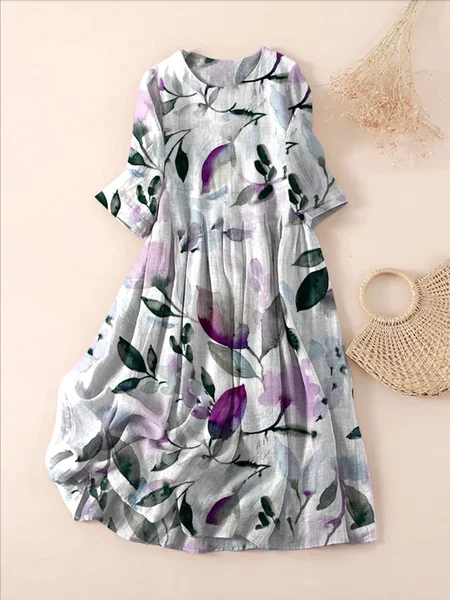 

Women Floral Spring/Fall Dress Crew Neck Three Quarter Sleeve A-Line Dress, White, Maxi
