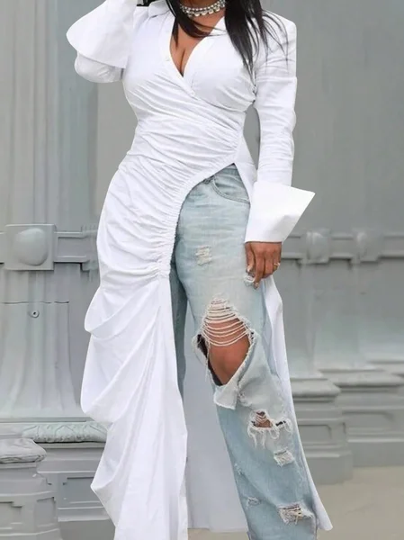 

Casual Plain Gathered Shirt, White, Blouses and Shirts