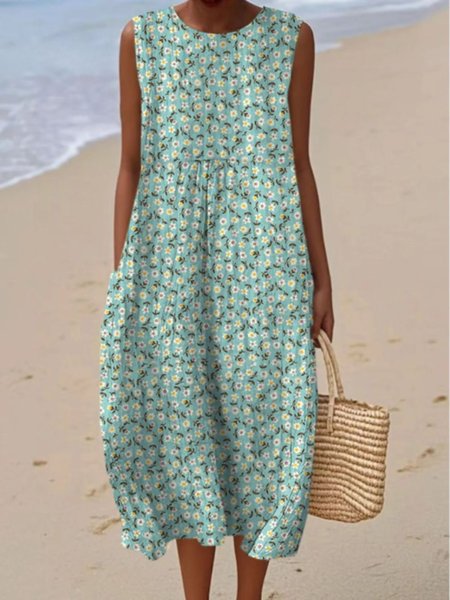 

Women Floral Summer Dress Crew Neck Sleeveless A-Line Dress, Green, Dresses