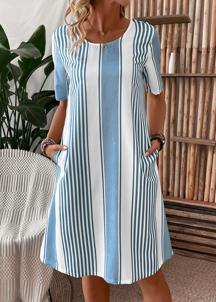 

Women Striped Summer Dress Crew Neck Short Sleeve A-Line Dress, As picture, Dresses