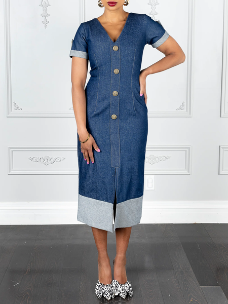 

Urban Color Block Denim Midi Dress, Denim blue, Maxi Dresses