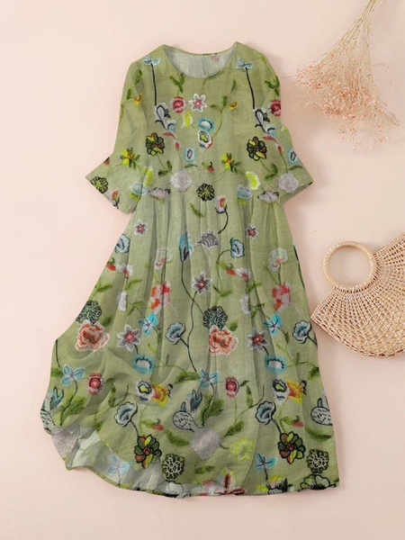 

Women Floral Spring/Fall Printing Dress Crew Neck Three Quarter Sleeve Classic H-Line Dress, Green, Dresses