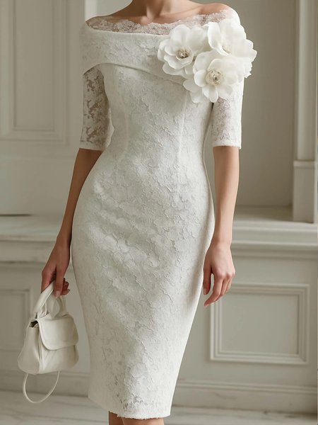 

Elegant Plain 3D Floral Off The Shoulder Knee Length Dress, White, Midi Dresses