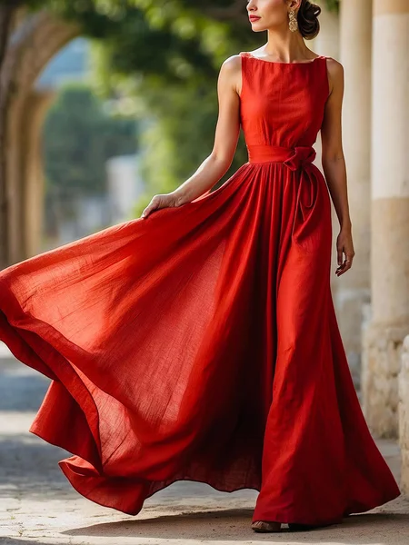 

Cotton Casual Plain Distressing Crew Neck Maxi Dress With Belt, Red, Maxi Dresses