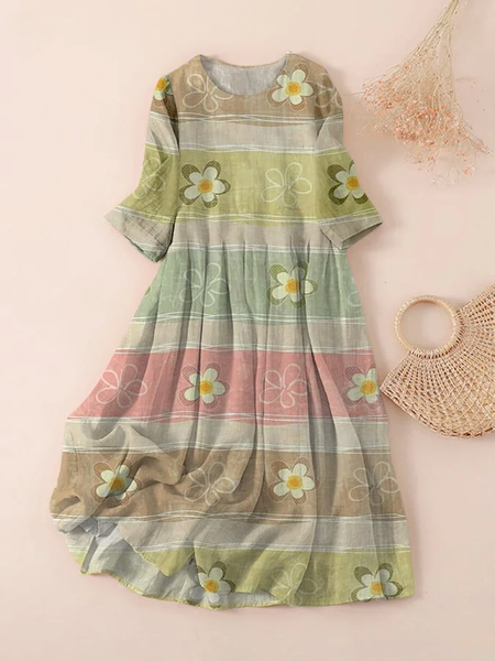

Women Floral Three Quarter Sleeve Spring/Fall Printing Dress Crew Neck Daily Casual Maxi Classic H-Line Dress, Green, Casual Dresses