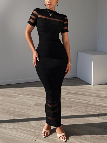 Elegant Plain Split Joint Stand Collar Maxi Dress