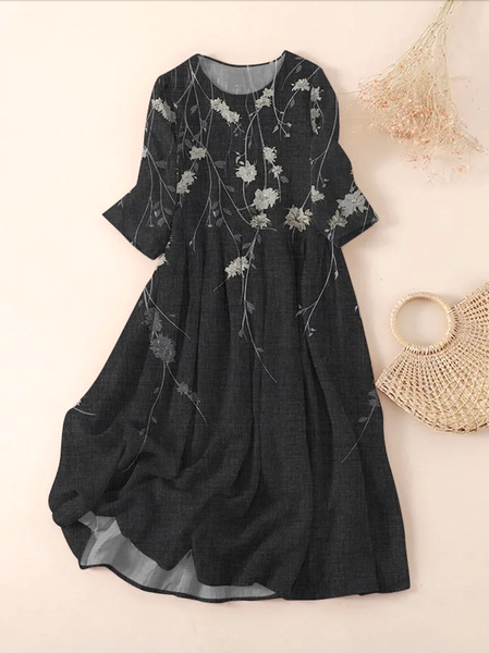 

Women Floral Spring/Fall Dress Crew Neck Three Quarter Sleeve A-Line Dress, Black, Maxi