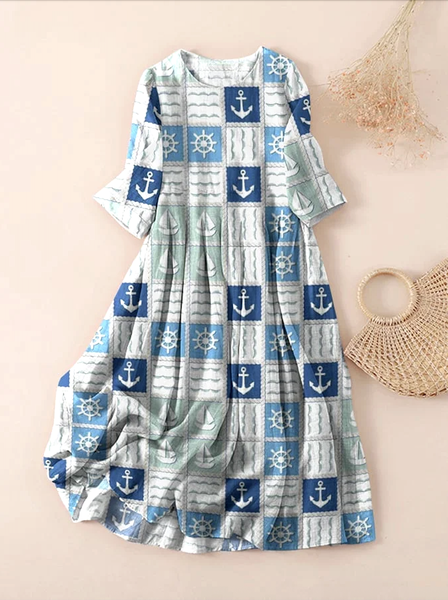 

Women Floral Spring/Fall Dress Crew Neck Three Quarter Sleeve A-Line Dress, White, Maxi