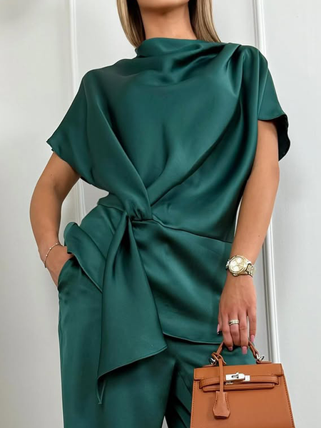 

Urban Plain Gathered Crew Neck Blouse, As picture, Blouses and Shirts